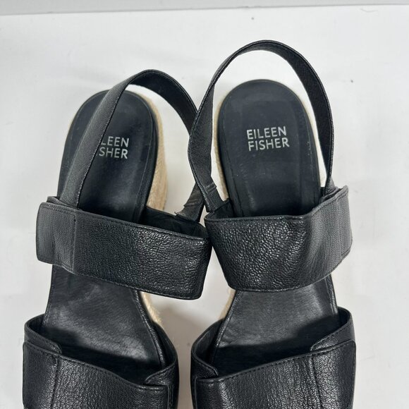 Eileen Fisher Black Leather Espadrille Strappy Sandals Sz. 7 - Picture 2 of 7